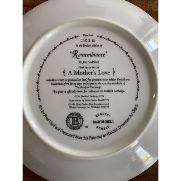 ‘A Mothers Love’ 8" Plate Helen Steiner Rice REMEMBRANCE Bradford Exchange 1994 - Picture 4 of 7